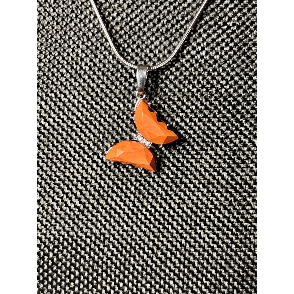 Orange Butterfly Pendant Necklace Stainless Steel Snake Chain Silver Tone 22in